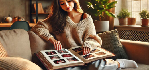 Rückblick - Junge Frau und Fotobuch