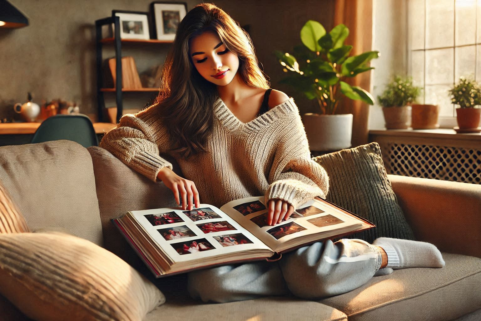 Rückblick - Junge Frau und Fotobuch