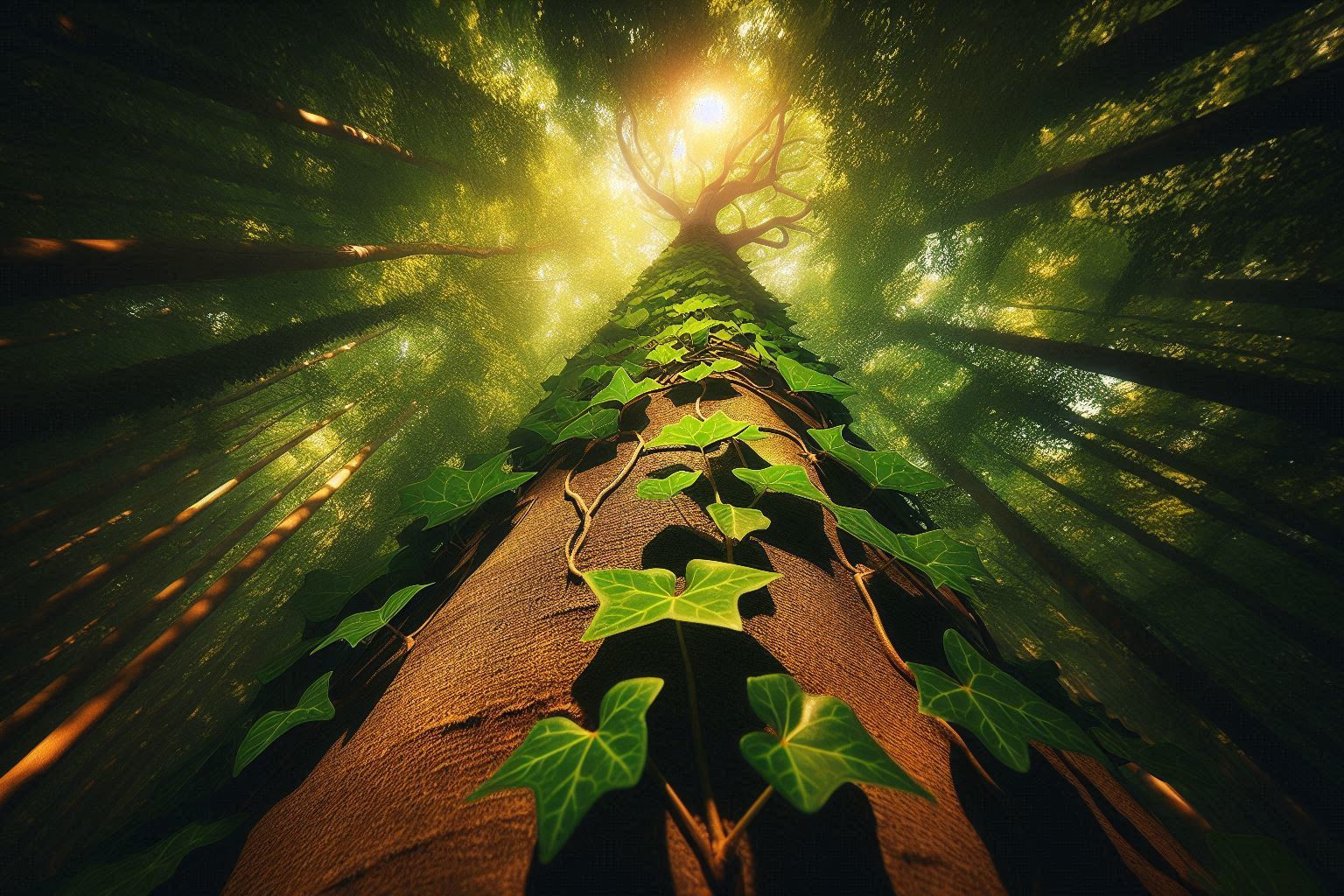 Licht und Schatten - Efeu klettert an einem Baum empor